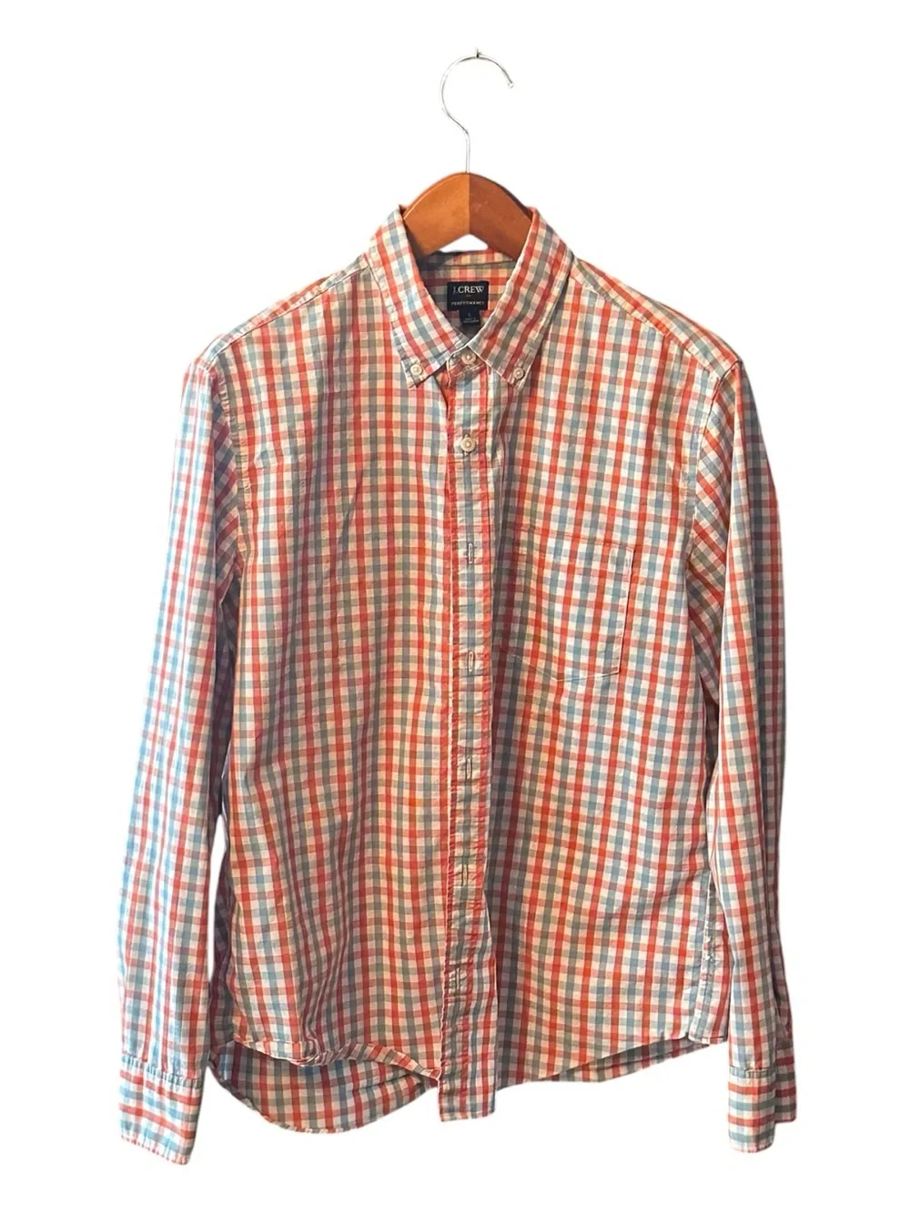 J. Crew Men's Orange and Blue Plaid Button-Down Shirt